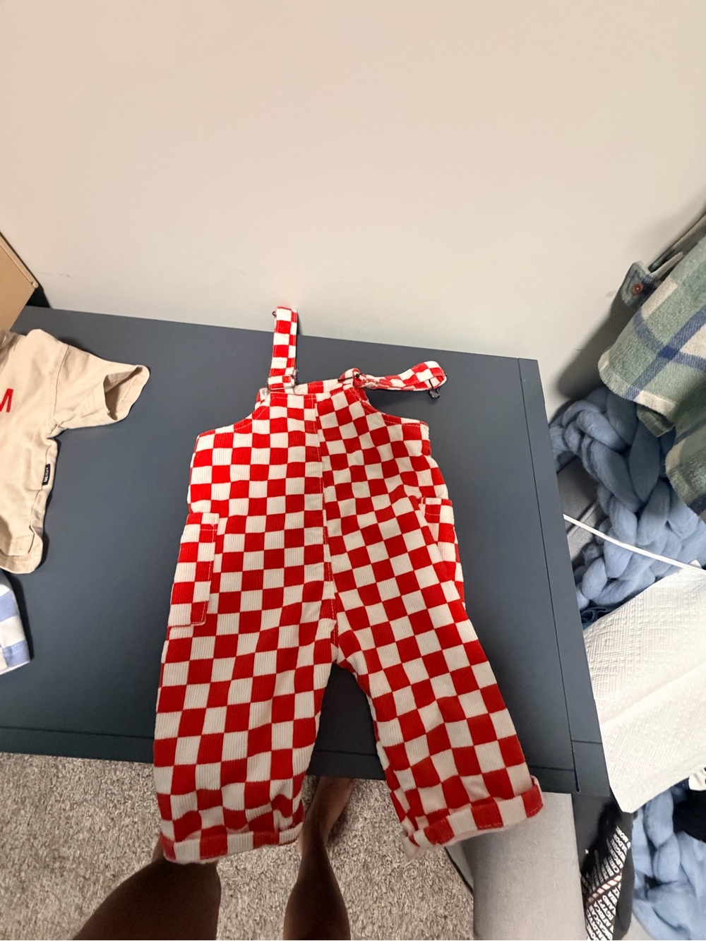 Red & White Checkered Kids Overalls with Adjustable Straps